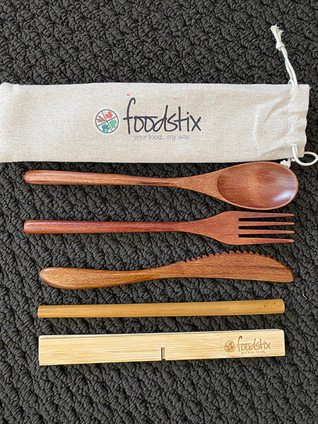 Eco friendly wood cutlery with bamboo straw and foodstix with travel bag